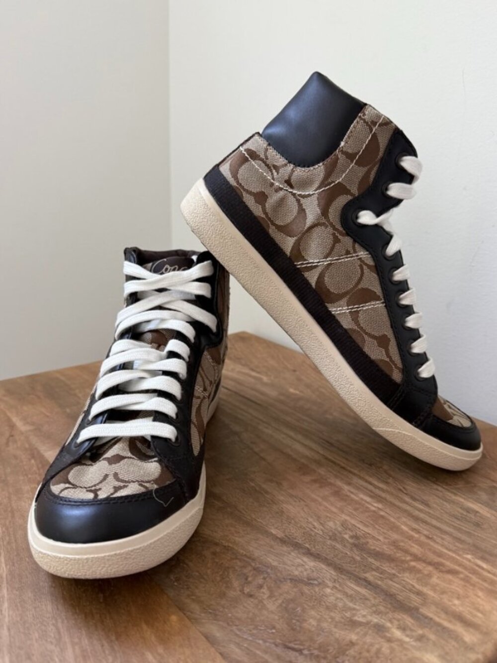 COACH Ellis Signature Jacquard High Top Sneakers Brown Leather